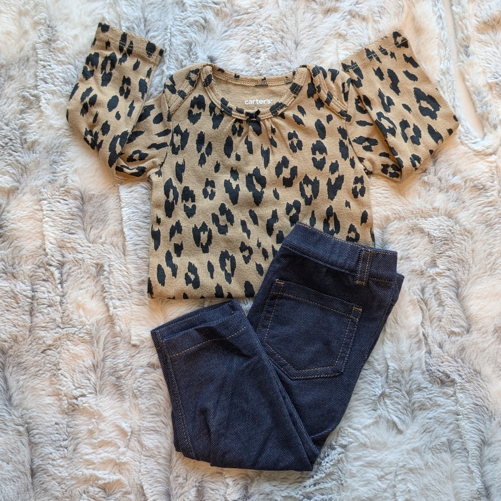 Carter's Leopard Print Onesie Body Suit And Blue Jeans 6 Month Baby